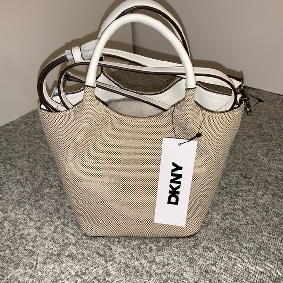 Dkny Handbags - DKNY GWEN Crossbody Tan and White Mini Tote Bag